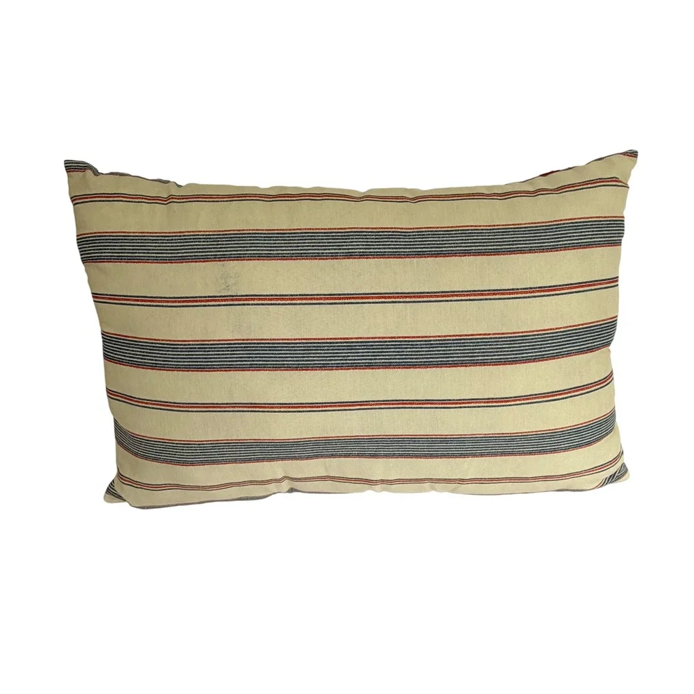 Farmhouse Ticking Stripe Lumbar Pillow Cream Red Navy Blue Rustic Button Accent